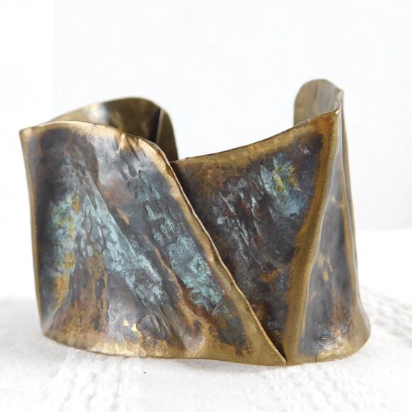 Brass Brutalist Modern Cuff Bangle Bracelet 2" Jewelry Patina - Picture 1 of 12